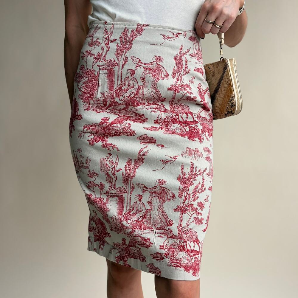 NYC Design Co Red Toile Pencil Skirt - Stretchy Cotton, 90s Vintage, Size 4 - Picture 2 of 8
